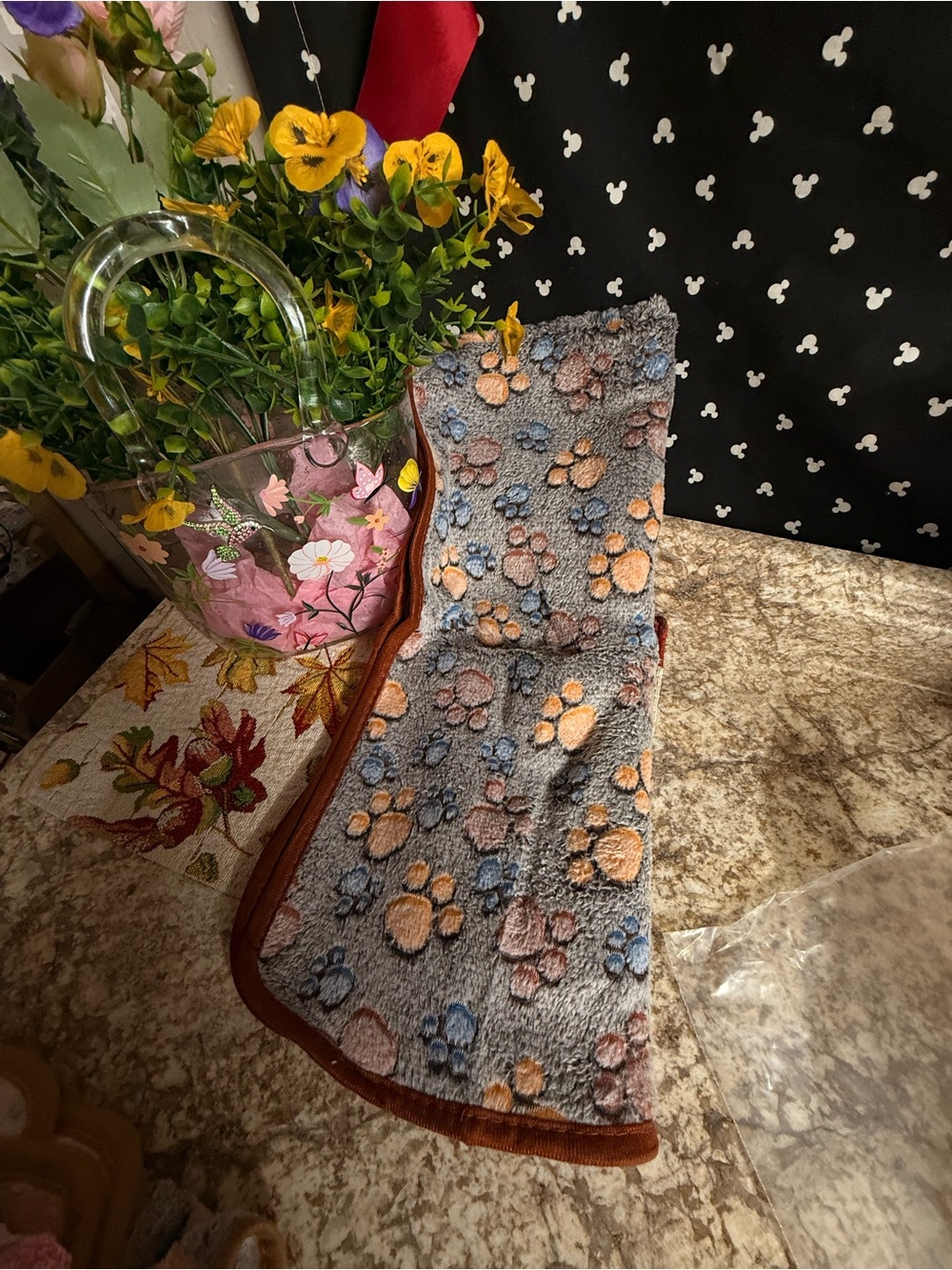 Plush Paw-Print Dog Blanket - Gray with Blue & Peach Paws 34X40 inches